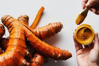 A hand holding a brush dipped in golden turmeric mask against a clean white background."glowing skin" = aspirational).