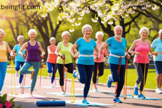 "Group of active seniors over 60 practicing low-impact yoga, resistance training, and walking in a sunny park." "Stay Strong After 60: Gentle Exercises for Lifelong Health."