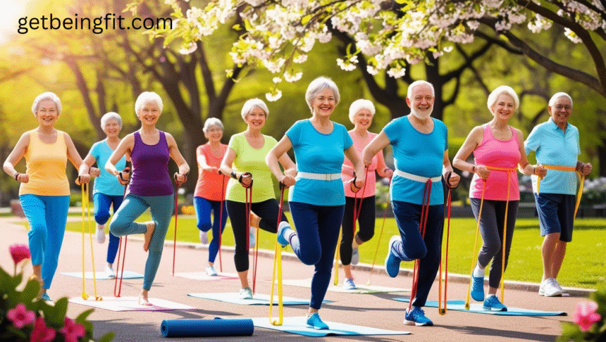 "Group of active seniors over 60 practicing low-impact yoga, resistance training, and walking in a sunny park." "Stay Strong After 60: Gentle Exercises for Lifelong Health."