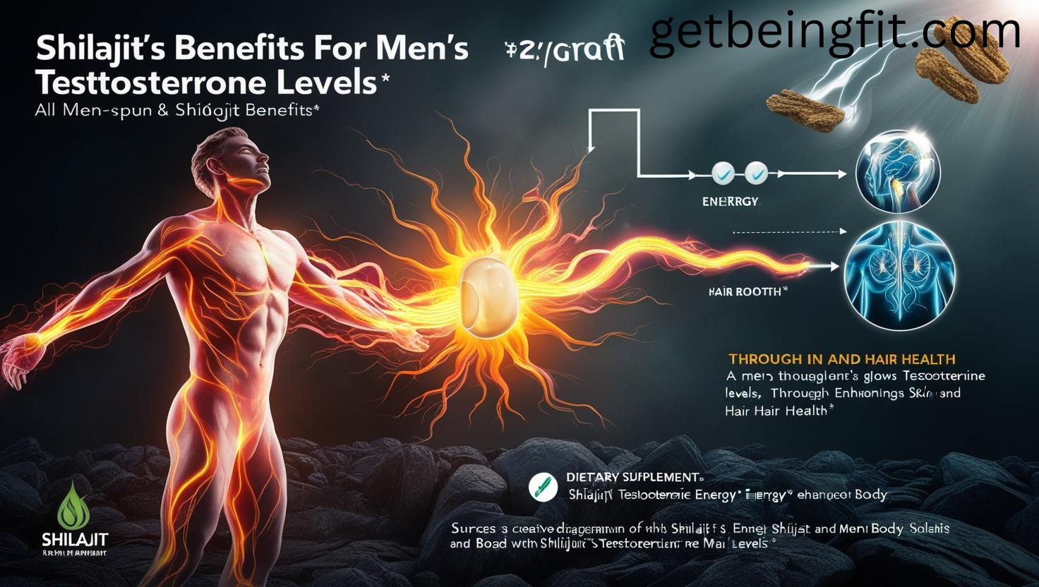 Shilajit benefits for men's testosterone levels" skin & hair